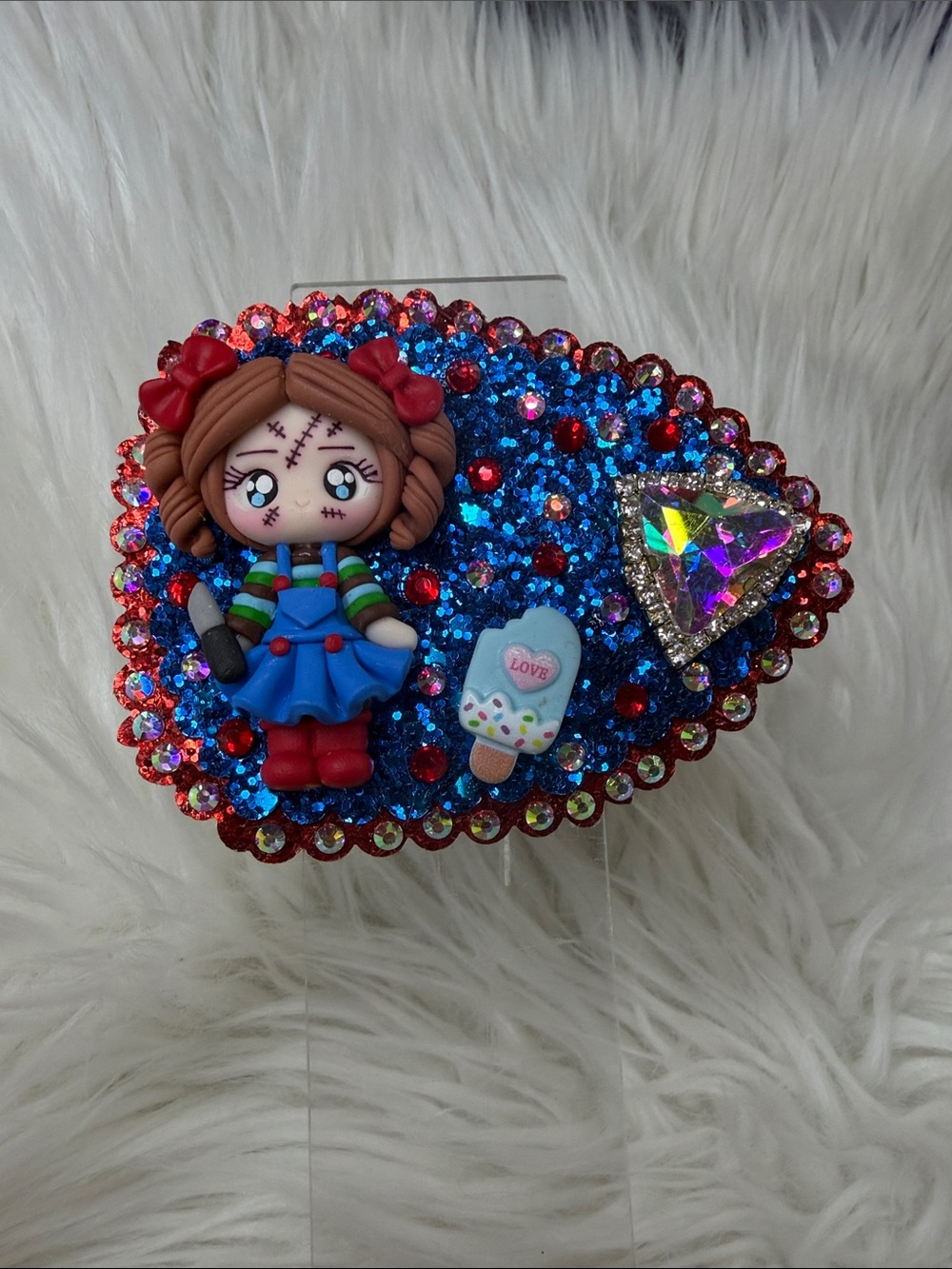 Chucky girl Hand Crafted Blue Red Multicolor Glitter Doll Hair Clip